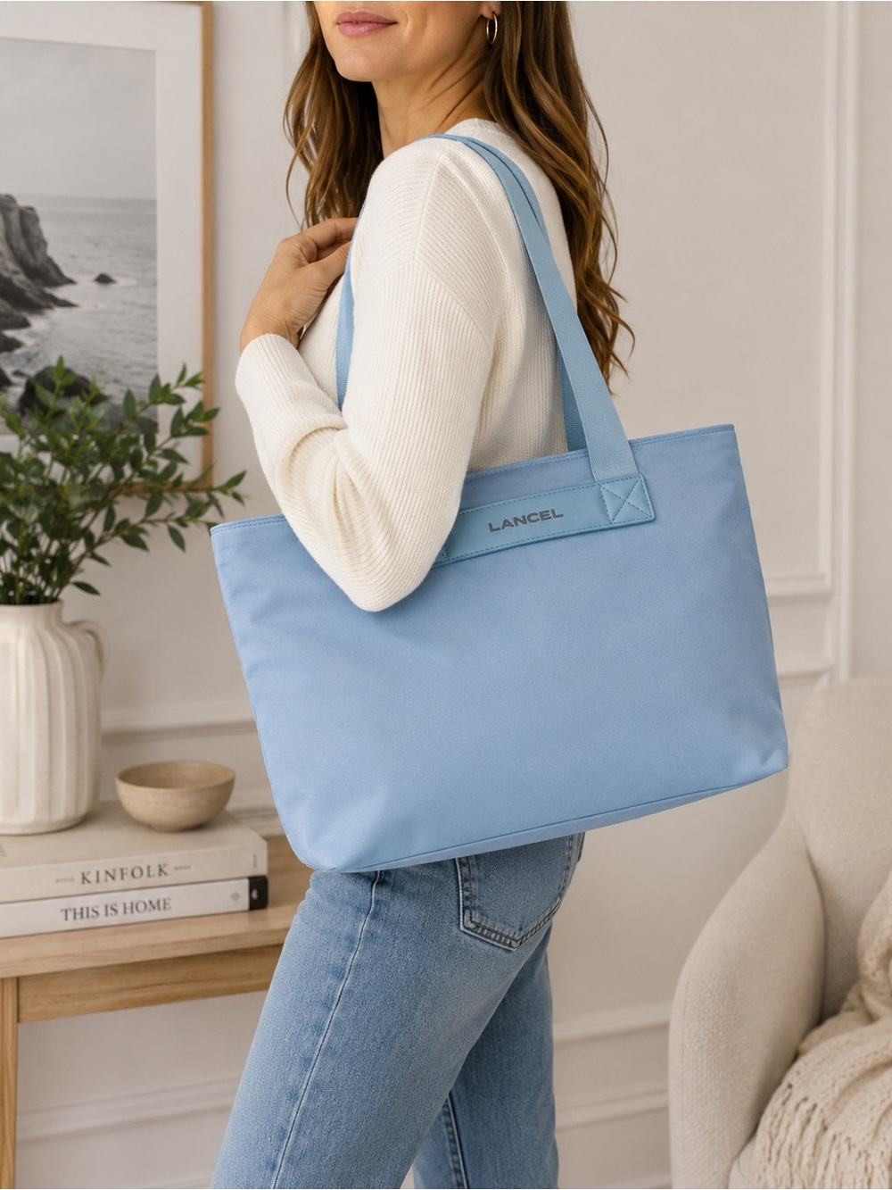 Lancel Paris Large Light Blue Canvas Tote Bag Double sholder Straps Leather Trim